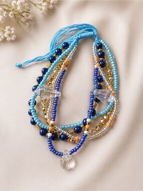 Sparkling Glass Seed Beads 5 Layered Anklet, Natural Lapis Lazuli & Non-magnetic